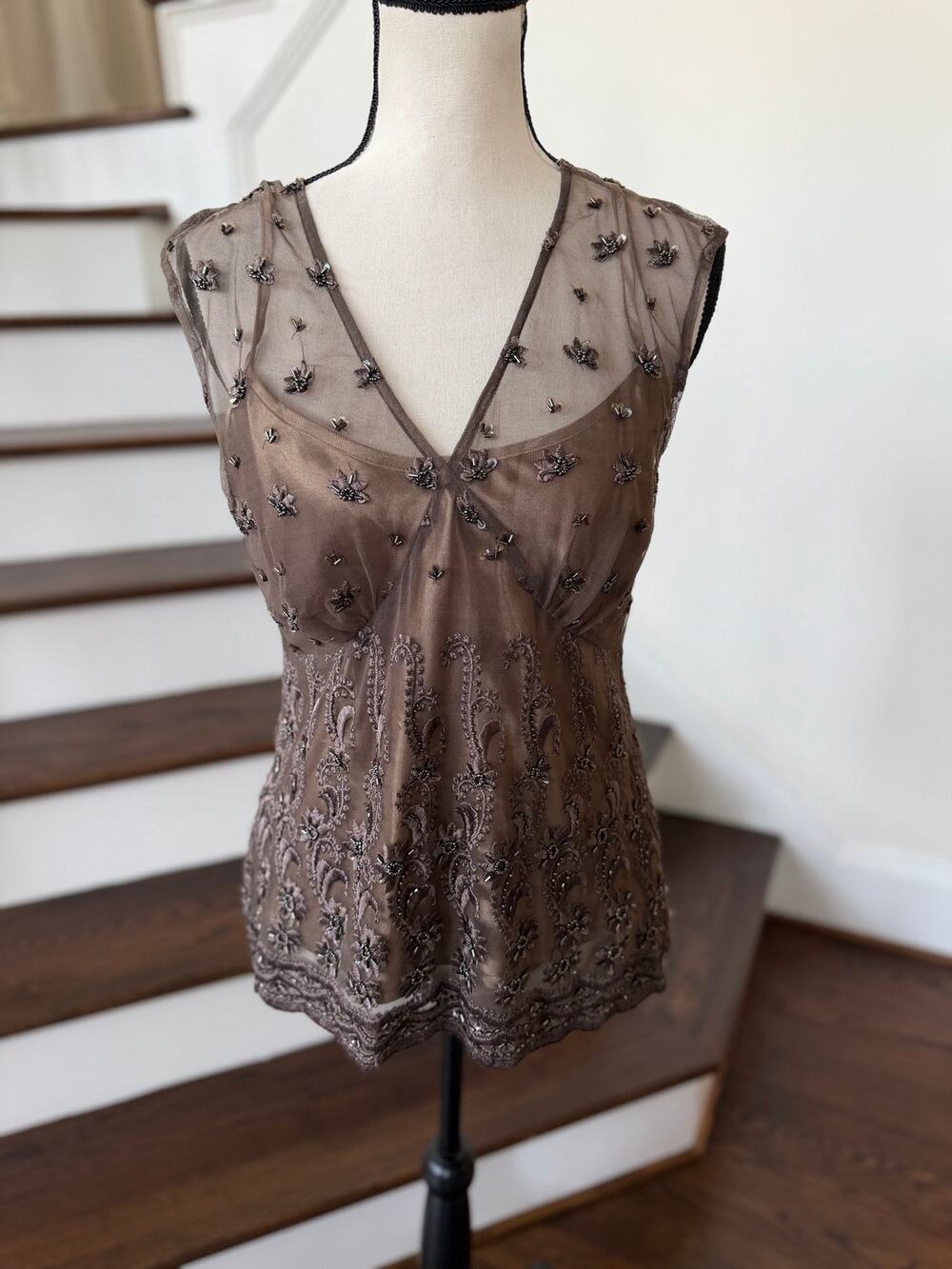 Vintage Y2K Brown Mesh Sequin Beaded Baby Doll Top Whimsygoth Fairy Grunge